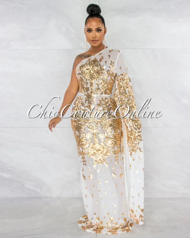 *Guida White Gold Sequins Sheer Single Long Sleeve Dress sold by Chic Couture