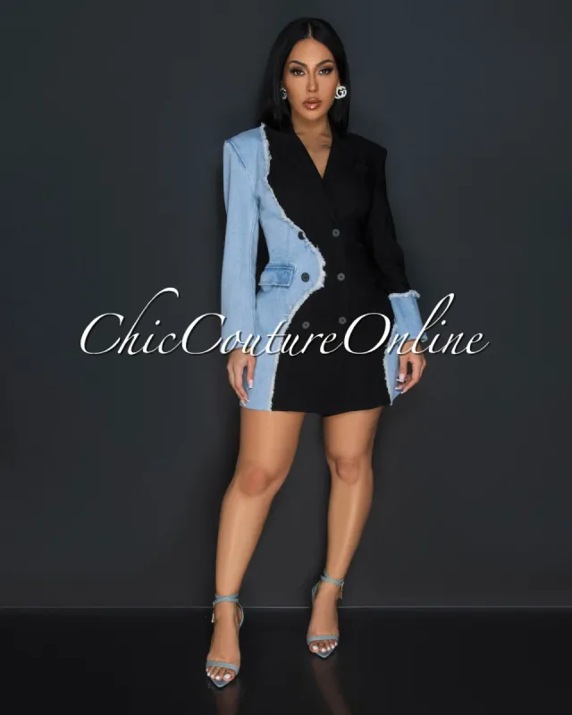Tandra Black Denim Patched Frayed Accent Blazer Dress sold by Chic Couture