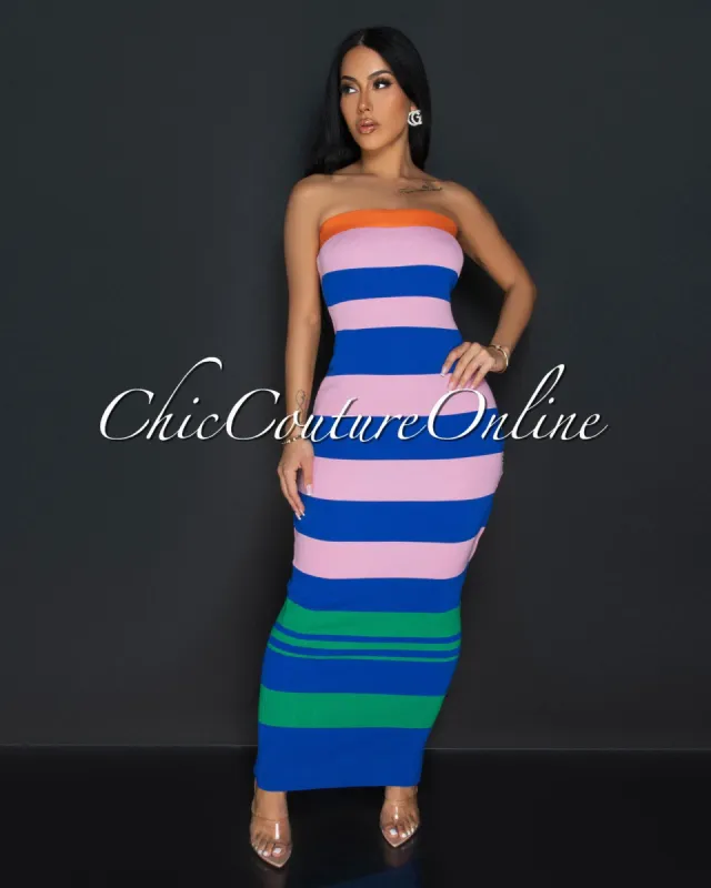 Aziza Pink Blue Striped Tube Maxi Dress sold by Chic Couture