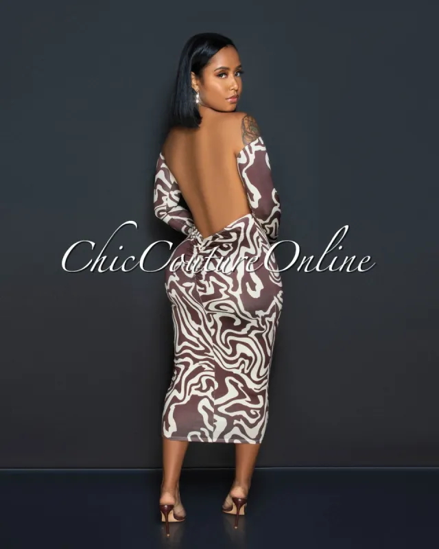 Tamar Brown Cream Print Low Back Midi Dress sold by Chic Couture