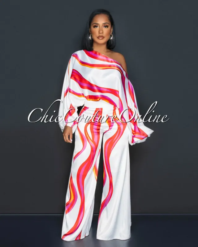 Kaira White Red Print Tunic Top & Wide Pants Silky Set sold by Chic Couture