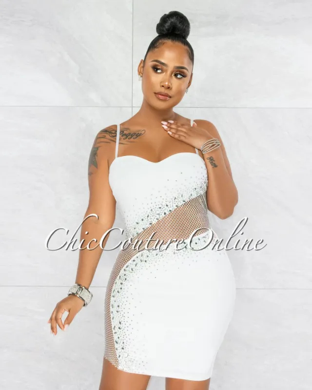 Toraya Off-White Fishnet Accent Rhinestones Dress sold by chic