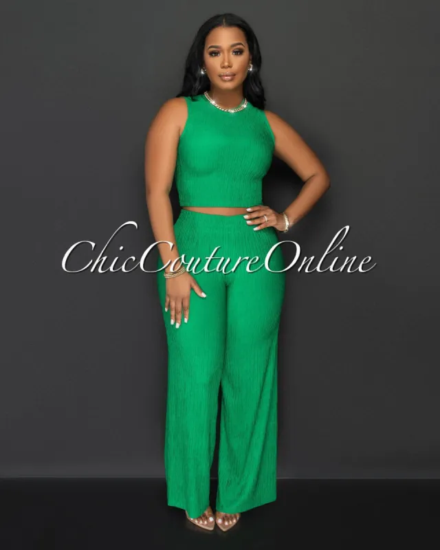Katye Emerald Green Front Crop Top & Wide Pants Textured Set sold by Chic Couture