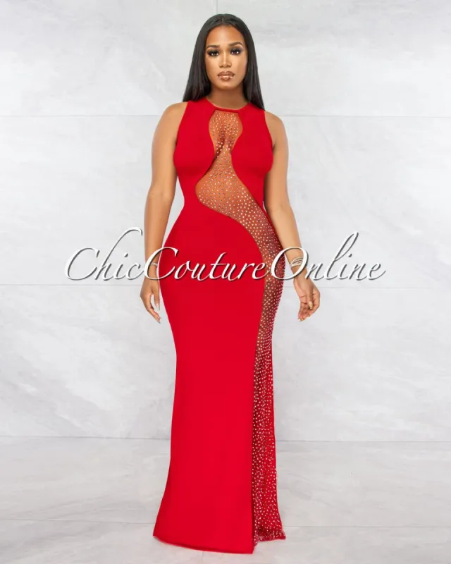*Tamayo Red Mesh Silver Rhinestones Maxi Dress sold by Chic Couture