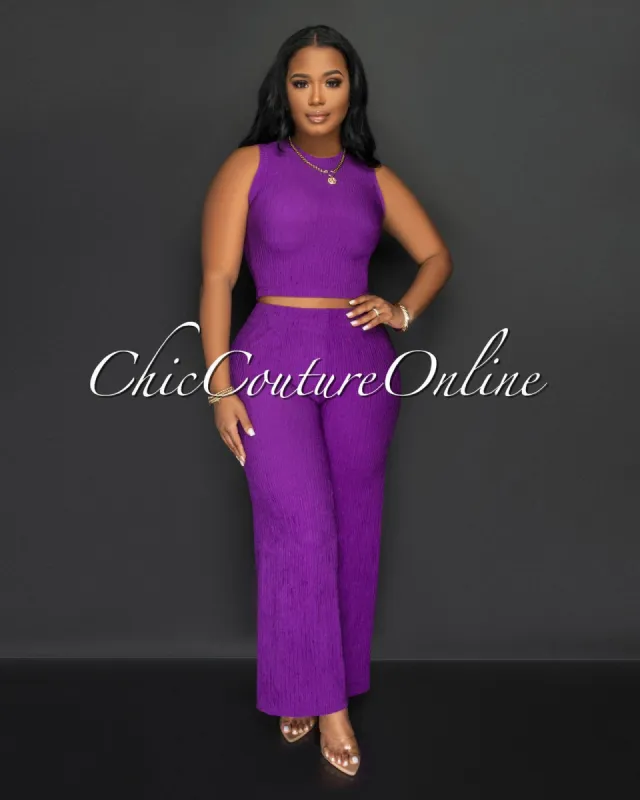 Katye Purple Front Crop Top & Wide Pants Textured Set sold by Chic Couture