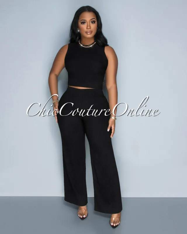 Katye Black Front Crop Top & Wide Pants Textured Set sold by Chic Couture