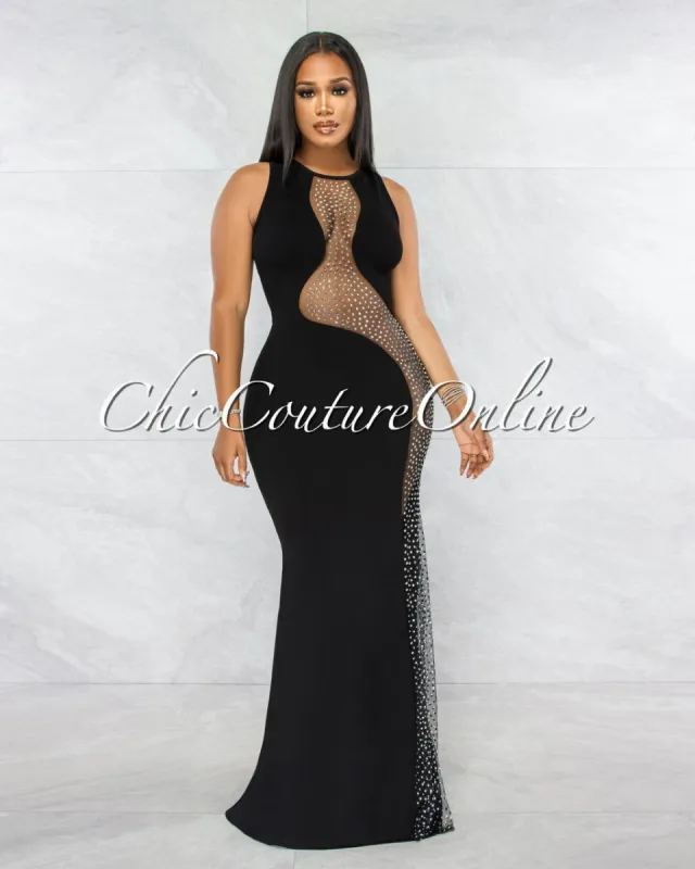 Tamayo Black Mesh Silver Rhinestones Maxi Dress sold by Chic Couture