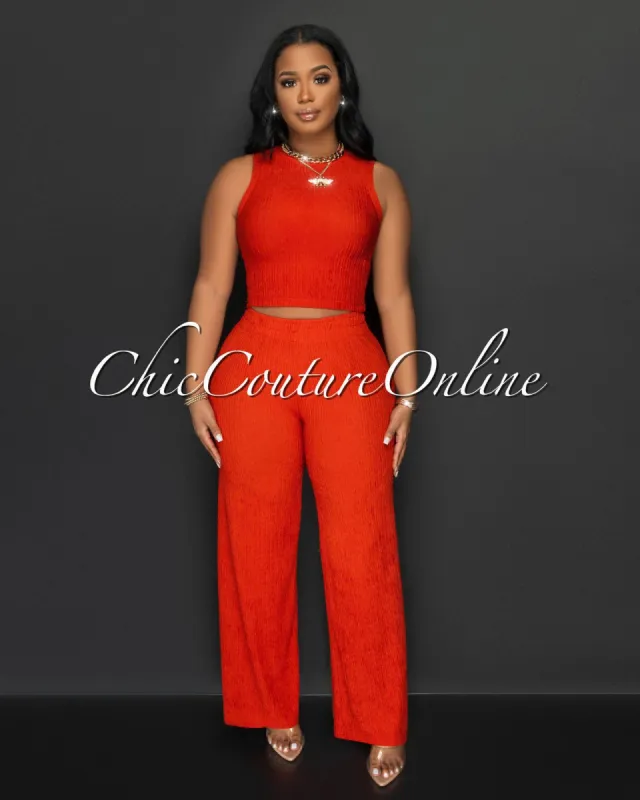 Katye Orange Front Crop Top & Wide Pants Textured Set sold by Chic Couture
