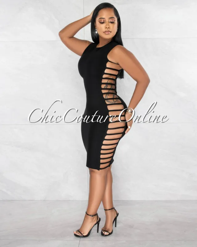Juno Black Straps Open Sides Bandage Midi Dress sold by chic