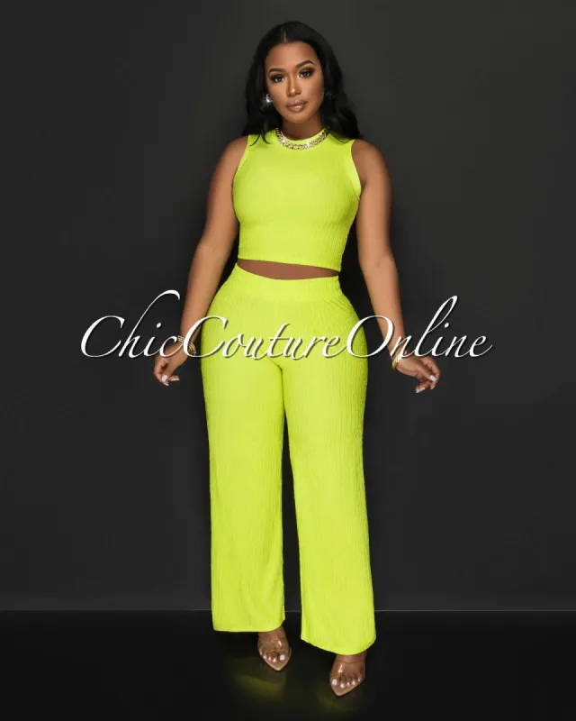 Katye Lime Front Crop Top & Wide Pants Textured Set sold by Chic Couture