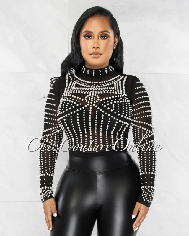 *Shakk Black Mesh Pearl Decor Luxe Sheer Crop Top sold by Chic Couture