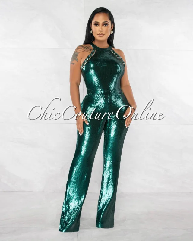 *Zendaya Hunter Green Sequins Gold Link Accent Jumpsuit sold by Chic Couture