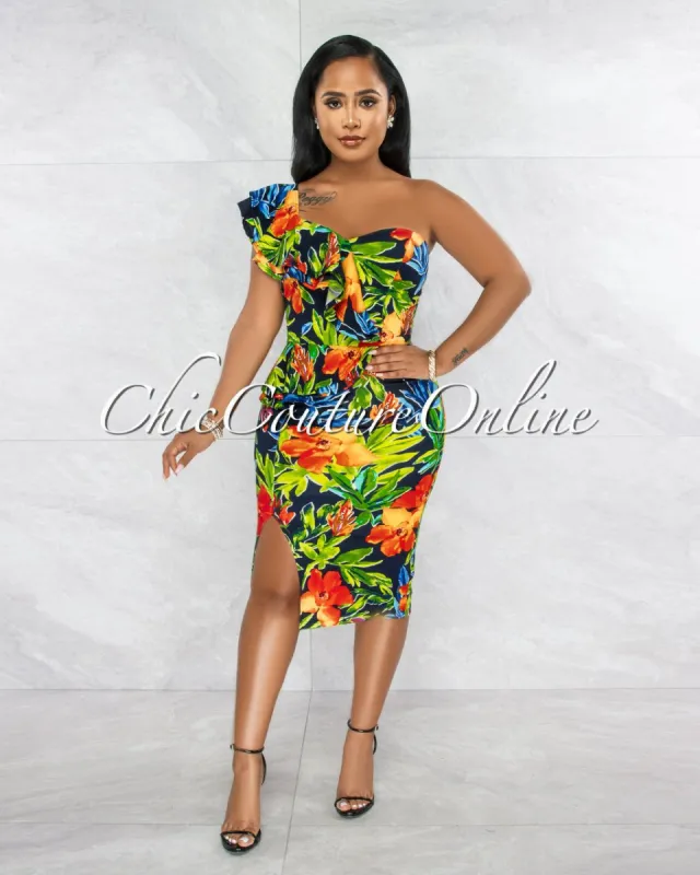 Siara Navy-Blue Floral Print Ruffle Midi Dress sold by chic