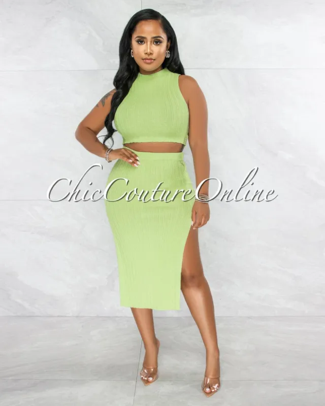 Drefan Apple Green Ribbed Slit Skirt Two Piece Set sold by Chic Couture
