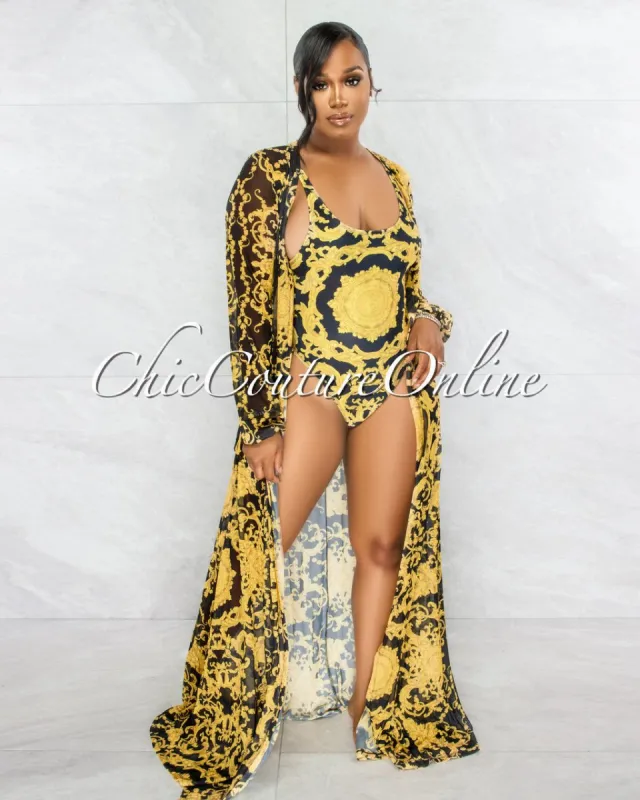 *Laurence Black Gold Print Swimsuit & Cover-up Set sold by Chic Couture