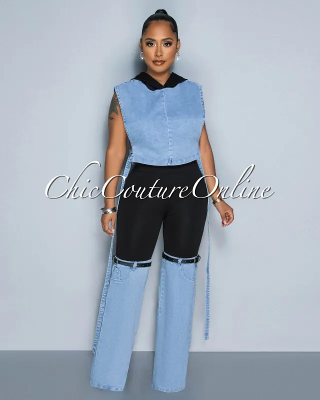 Larah Light Denim Crop Top & Black Two-Tone Jeans Set sold by Chic Couture