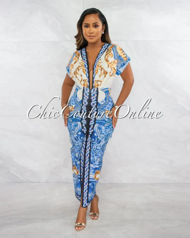 *Tania Cream Blue Print Deep V Neck Draped Maxi Dress sold by Chic Couture