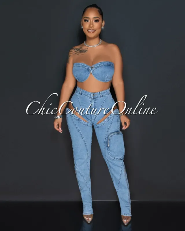 Maine Light Denim Crop Top & Cut-Out Jeans Set sold by Chic Couture