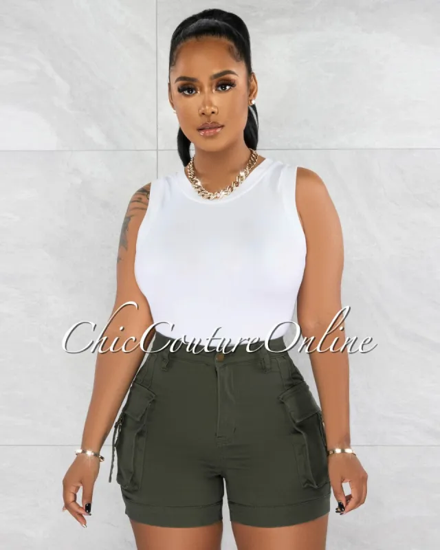 Bethel Olive Green Cargo Pockets Shorts sold by chic