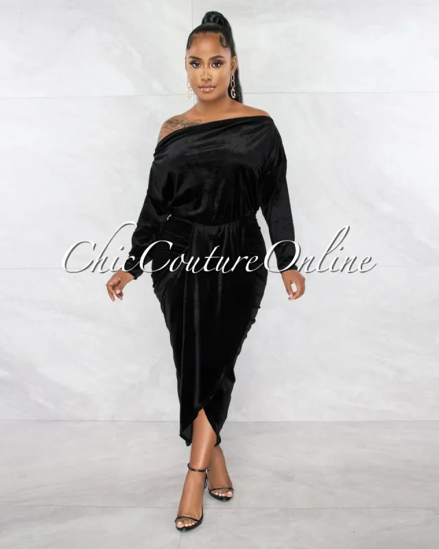 *Edmar Black Velvet Draped Front Midi Dress sold by chic