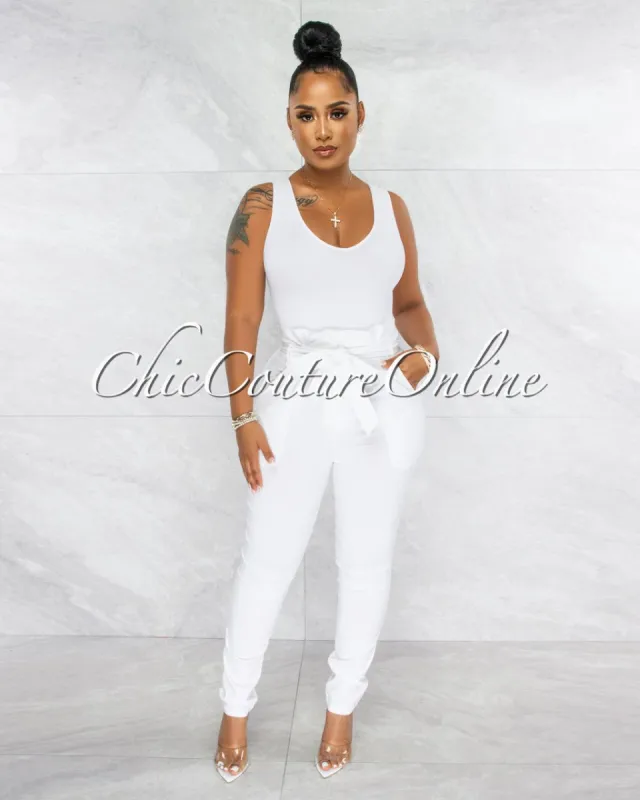 Kiah White Pleated Paper Bag Tie Belt Pants sold by chic