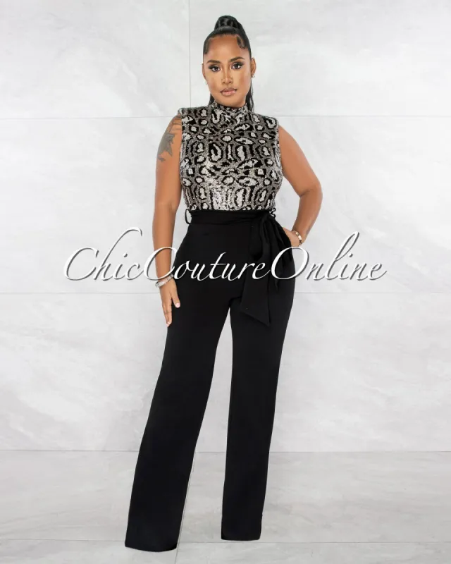 *Blaine Silver Leopard Sequins Black Bottom Jumpsuit sold by Chic Couture