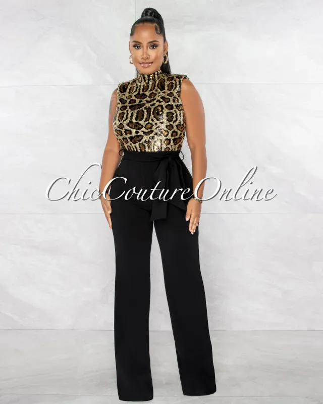 *Blaine Gold Leopard Sequins Black Bottom Jumpsuit sold by Chic Couture