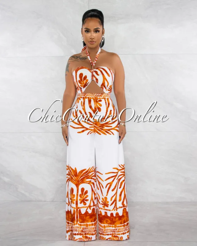 *Caraly White Rust Print Strapless Cut-Out Jumpsuit sold by Chic Couture
