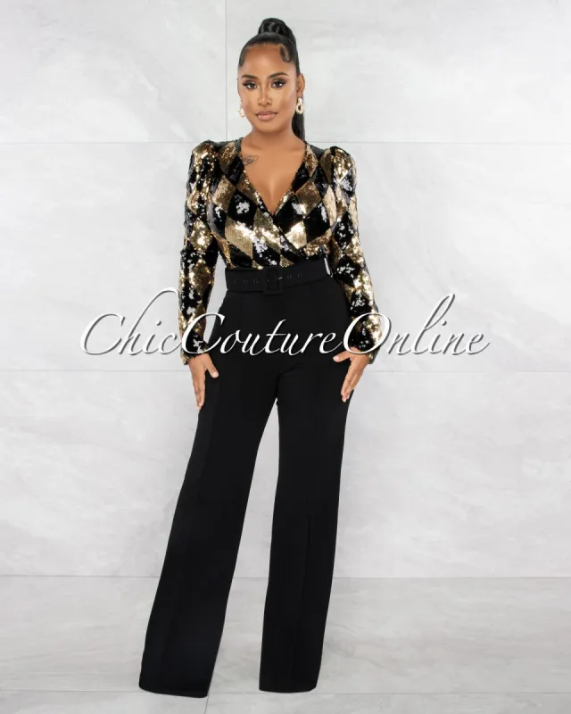*Norville Black Gold Sequins Diamond Print Belted Jumpsuit sold by Chic Couture