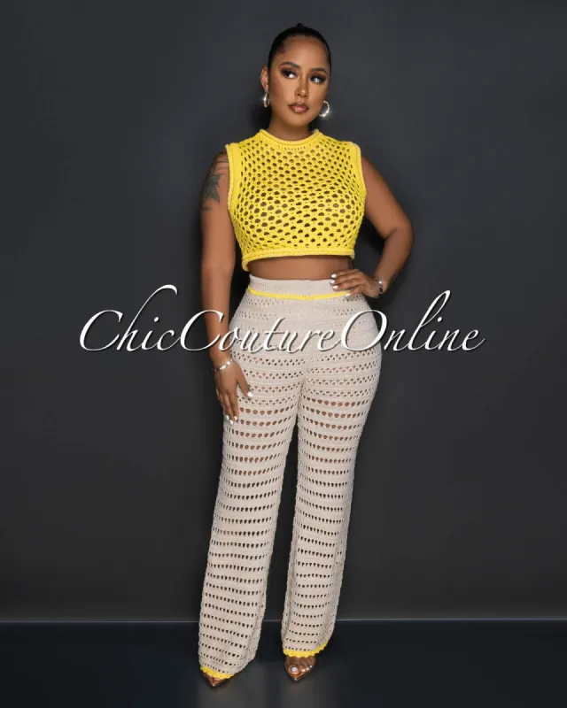 Kareem Yellow Crochet See-Through Crop Top & Nude Pants Set sold by Chic Couture