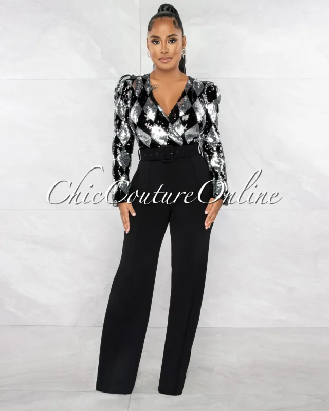 *Norville Black Silver Sequins Diamond Print Belted Jumpsuit sold by Chic Couture