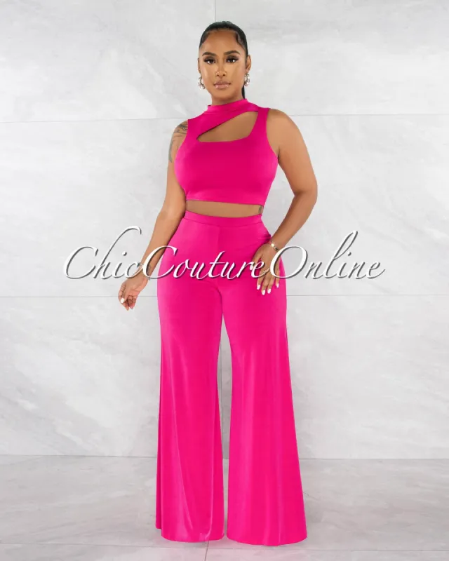 Vilette Fuchsia Key-Hole Crop Top & Wide Pants Set sold by Chic Couture