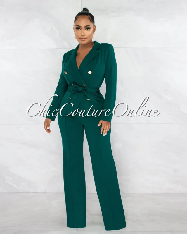 Angus Hunter Green Self-Tie Blazer & Wide Pants Set sold by chic
