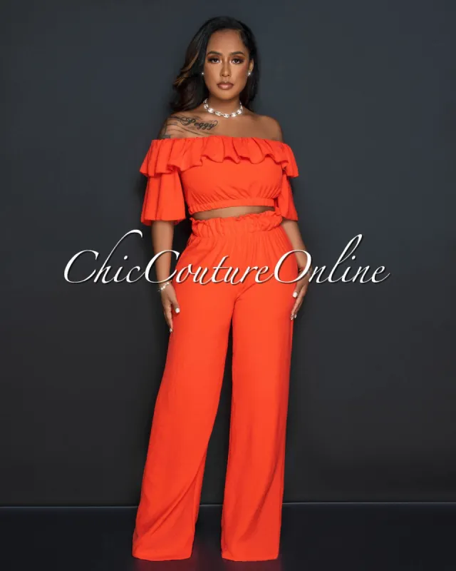 Endia Orange Ruffle Crop Top & Wide Pants Set sold by Chic Couture