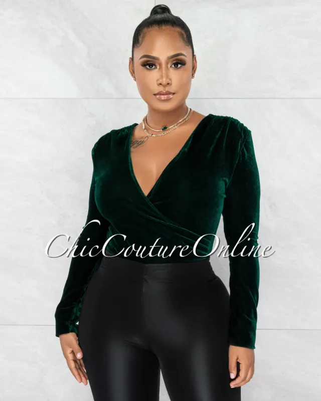 *Camisa Hunter Green Velvet Draped Bodysuit sold by Chic Couture