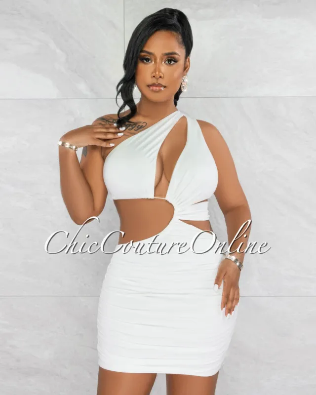 Marion Off-White Cut-Out Ruched Bodice Mini Dress sold by chic