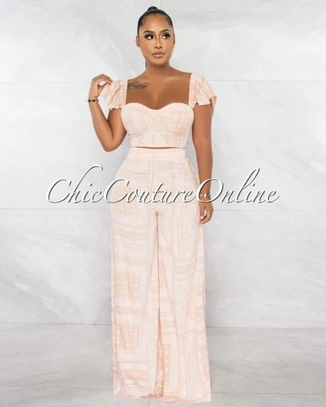 Greer Salmon White Paisley Print Crop Top & Wide Pants Set sold by chic