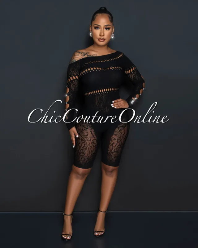 Natalie Black Lace Sheer Rhinestones Open Sleeves Romper sold by Chic Couture