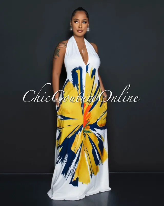 Chira White Yellow Print Halter Maxi Dress sold by Chic Couture