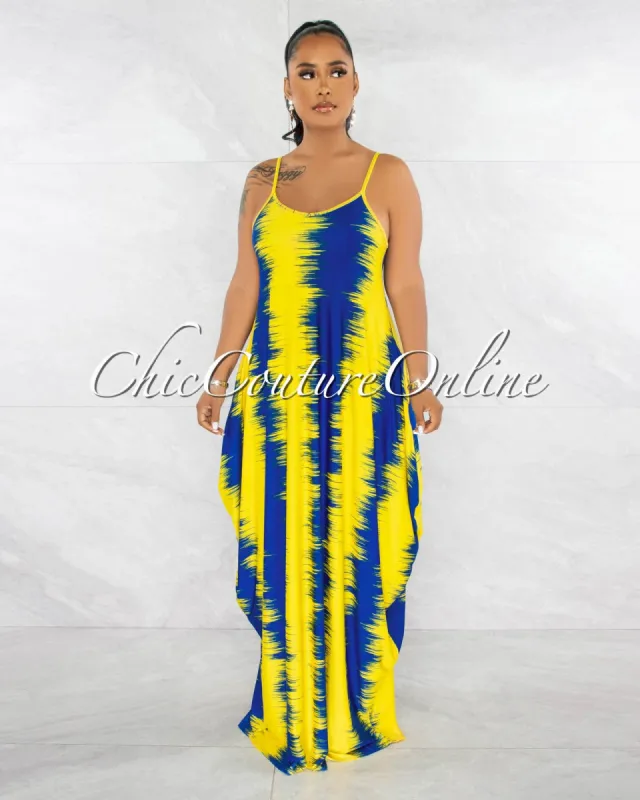 George Yellow Blue Print Maxi Shirt Dress sold by Chic Couture