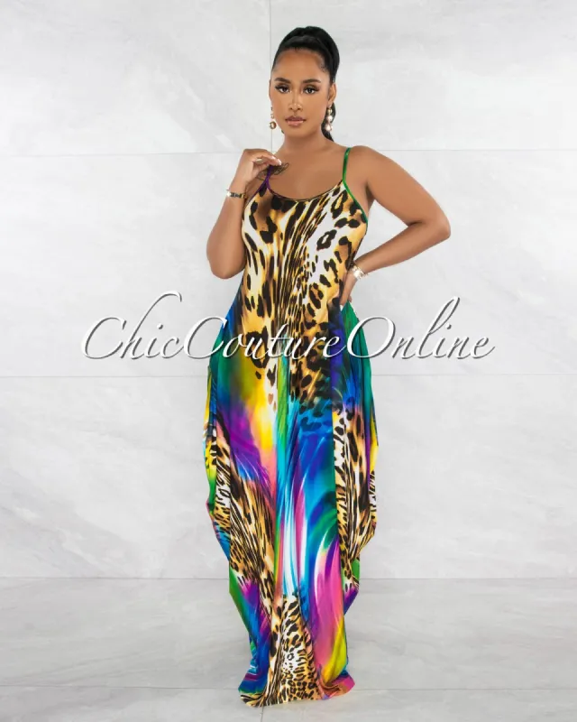 Beagan Blue Leopard Print Maxi Shirt Dress sold by chic