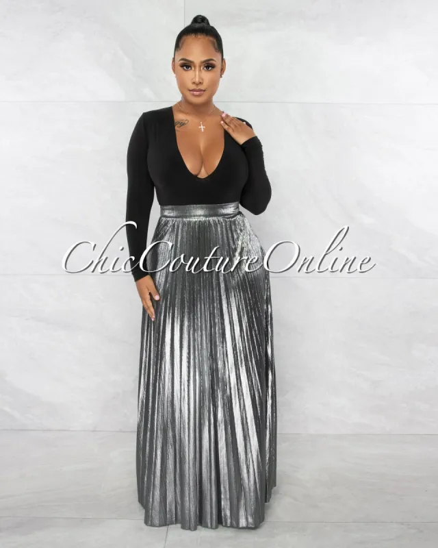*Olina Silver Shimmer Pleated Maxi Skirt sold by Chic Couture