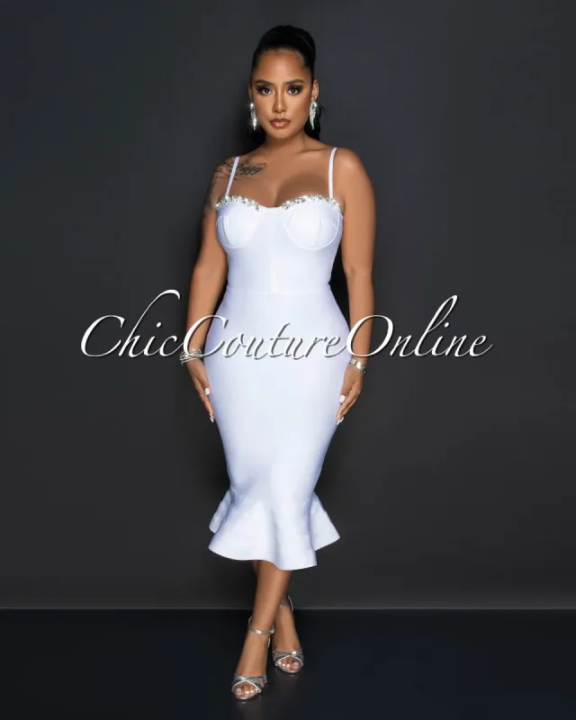Polly Off-White Rhinestones Bust Trim Bandage Midi Dress sold by chic