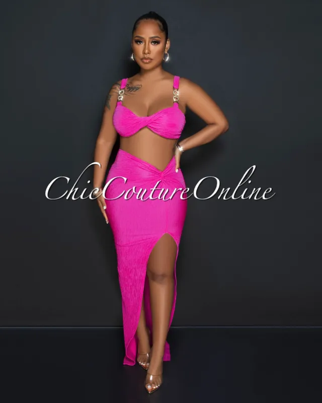 Morena Fuchsia Gold Link Straps Crop Top & Maxi Skirt Set sold by Chic Couture