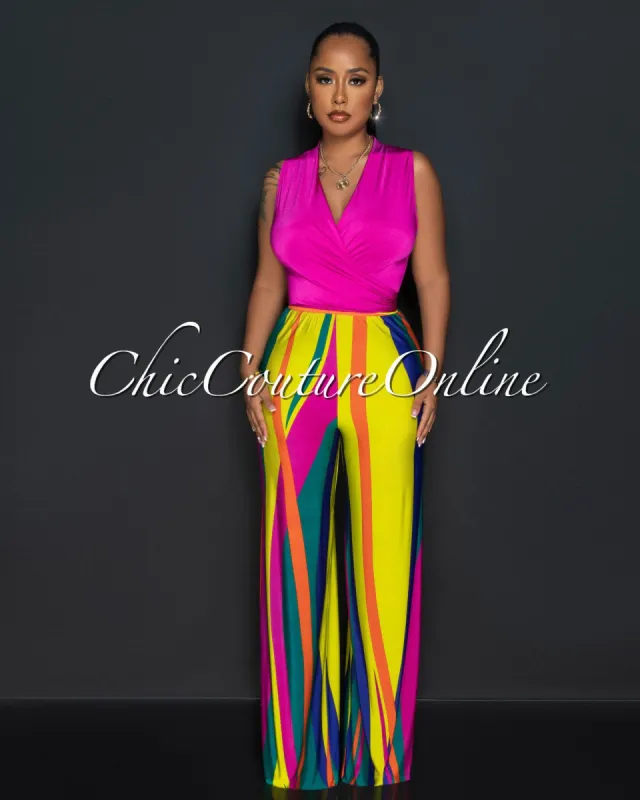 Fabio Magenta Front Tie Crop Top & Multi-Color Print Wide Pants Set sold by Chic Couture