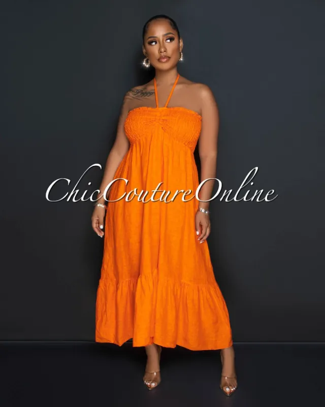 Yabel Orange Strapless Ruffle Hem LINEN Midi Dress sold by Chic Couture