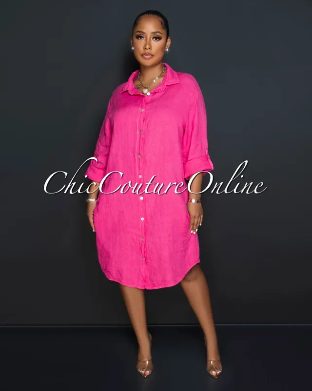 Cheyenne Fuchsia Front Buttons Shirt LINEN Midi Dress sold by Chic Couture
