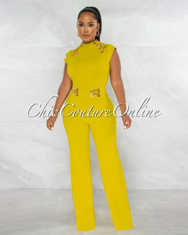 Jazelle Lime Green Gold Link Lace-Up Jumpsuit sold by chic