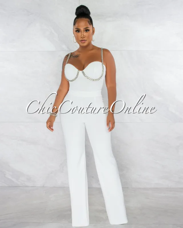 Tonya Off-White Silver Link Padded Cups Link Jumpsuit sold by chic