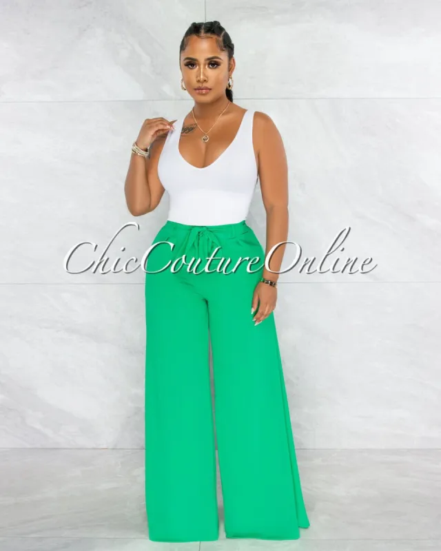 Chairo Kelly Green Self-Tie Wait Wide Legs Pants sold by chic